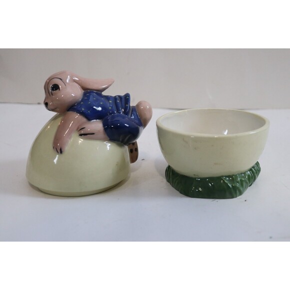 Ceramic Bunny Rabbit Egg Canister Lid Trinket Dish Signed AF - Picture 5 of 7